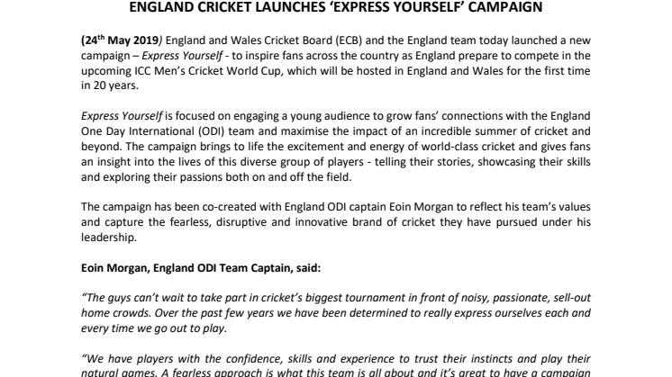 ENGLAND CRICKET LAUNCHES ‘EXPRESS YOURSELF’ CAMPAIGN