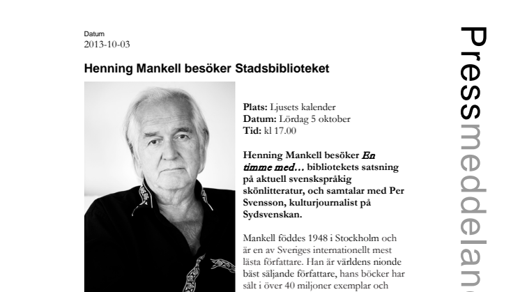 Henning Mankell besöker Stadsbiblioteket:i Malmö
