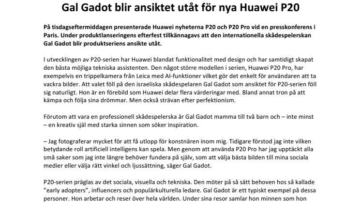 Gal Gadot blir ansiktet utåt för nya Huawei P20