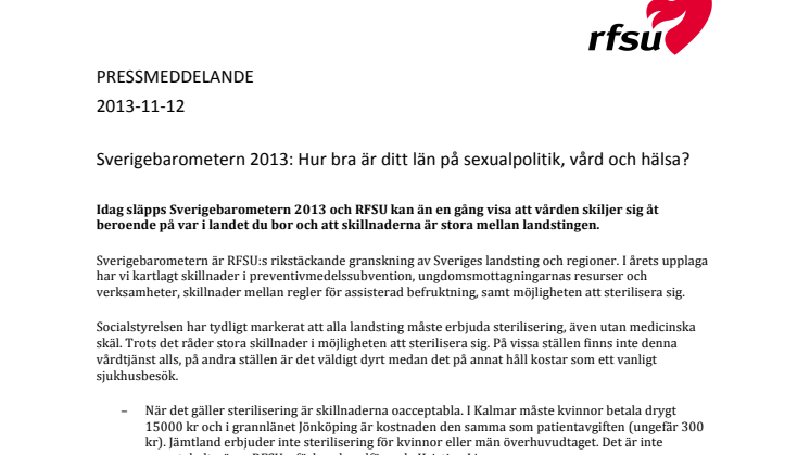 Sverigebarometern 2013: Hur bra är ditt län på sexualpolitik, vård och hälsa?