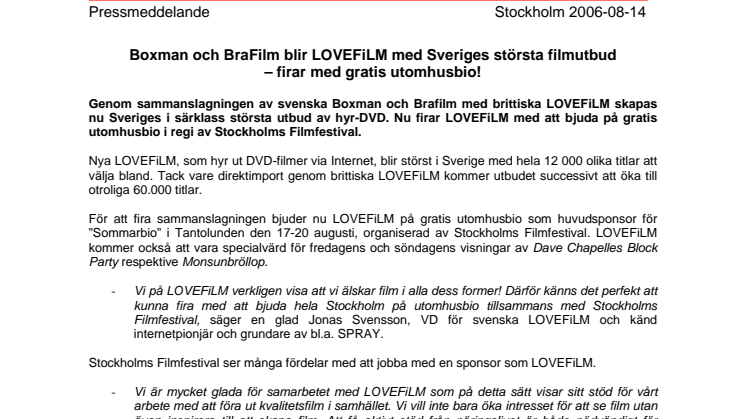 Boxman och BraFilm blir LOVEFiLM med Sveriges största filmutbud  firar med gratis utomhusbio!