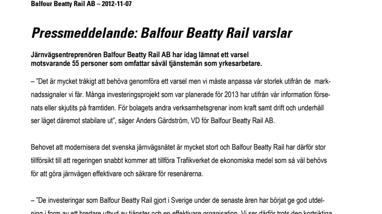 Balfour Beatty Rail AB varslar