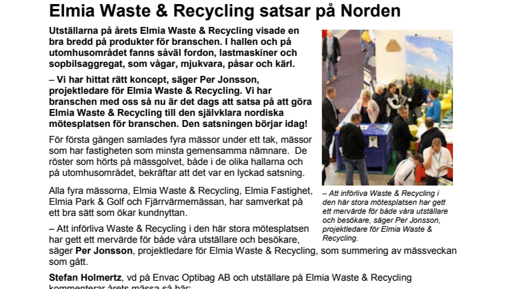 Elmia Waste & Recycling satsar på Norden 