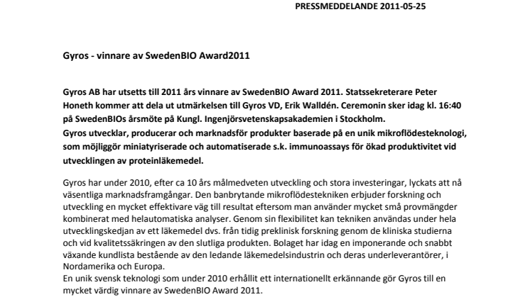Gyros - vinnare av SwedenBIO Award 2011