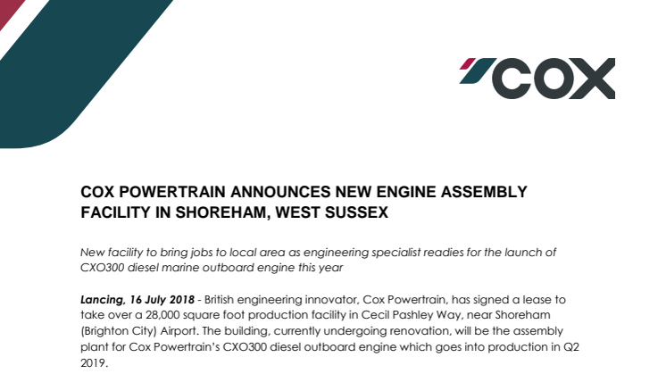 Cox Powertrain: Cox Powertrain Announces New Engine Assembly Facility in  Shoreham, West Sussex 