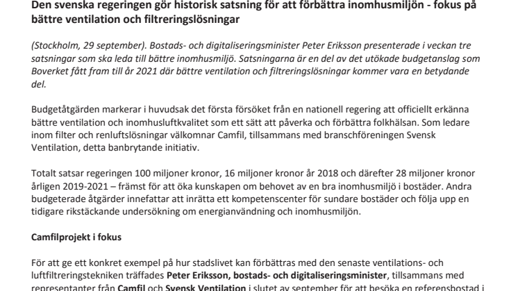 Den svenska regeringen gör historisk satsning för att förbättra inomhusmiljön - fokus på bättre ventilation och filtreringslösningar