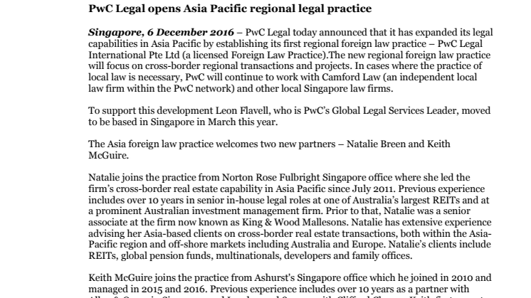 PwC Legal opens Asia Pacific regional legal practice