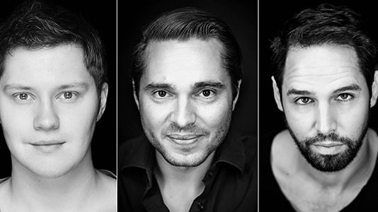 Jonas Eskil Brehmer, Martin Rhede Nord, Tobias Ahlsell och Joa Helgesson.  Vem som kommer att spela den kvinnliga huvudrollen Esmeralda meddelas senare. Foto: Marcus Helmer Gustafsson/Privat/GöteborgsOperan