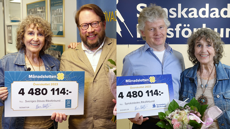 Månadslottens ambassadör Siw Malmkvist överlämnade nästan 4,5 miljoner kronor var till vice förbundsordförande Joakim Hagelin Adeby, Sveriges Dövas Riksförbund och Niklas Mattsson, ordförande på Synskadades Riksförbund.