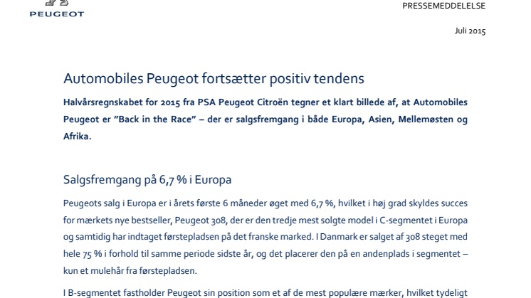 Automobiles Peugeot fortsætter positiv tendens