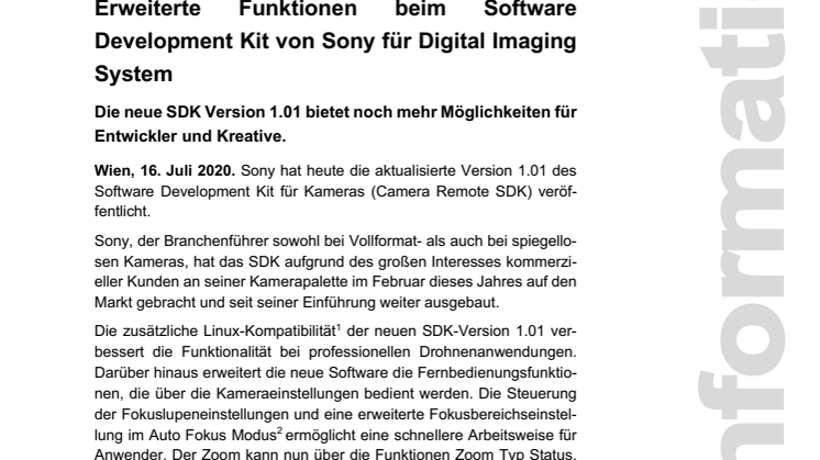 Erweiterte Funktionen beim Software Development Kit von Sony für Digital Imaging System