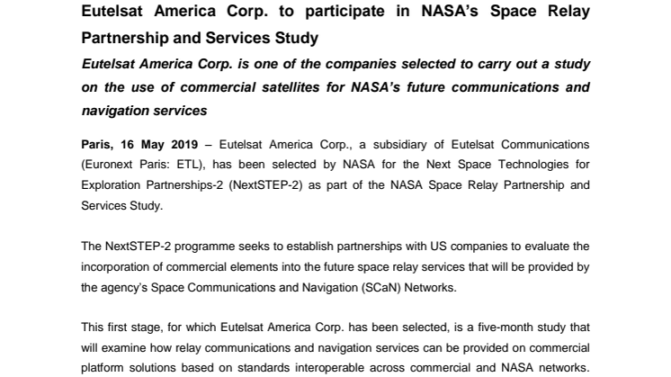 Eutelsat America Corp. to participate in NASA’s Space Relay Partnership and Services Study