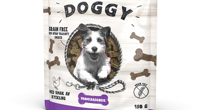Doggy Promenadgodis Grain Free är spannmålsfritt hundgodis med kycklingsmak. Godiset är rikt på protein, helt utan tillsatt socker och har ett lågt fettinnehåll.