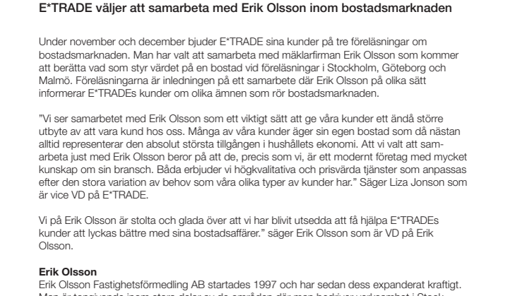 E*TRADE väljer att samarbeta med Erik Olsson inom bostadsmarknaden