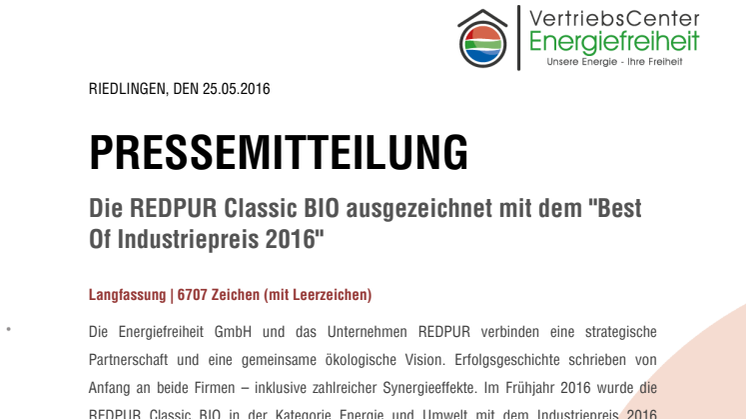 Die REDPUR Classic BIO ausgezeichnet mit dem "Best Of Industriepreis 2016"