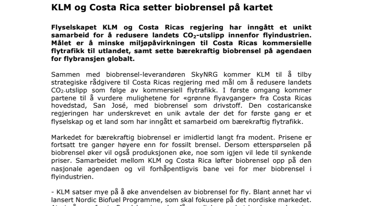 KLM og Costa Rica setter biobrensel på kartet