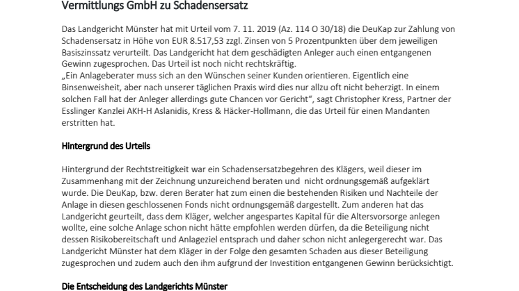 Landgericht Münster verurteilt die DeuKap Deutsche Kapitalanlagen Service-Vermittlungs GmbH zu Schadensersatz