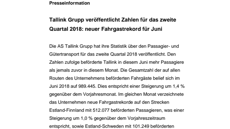 Tallink Grupp veröffentlicht Zahlen für das zweite Quartal 2018: neuer Fahrgastrekord für Juni 