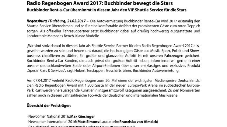 Radio Regenbogen Award 2017: Buchbinder bewegt die Stars