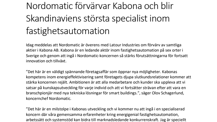 Nordomatic förvärvar Kabona och blir Skandinaviens största specialist inom fastighetsautomation 