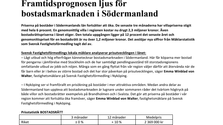 Framtidsprognosen ljus för bostadsmarknaden i Södermanland