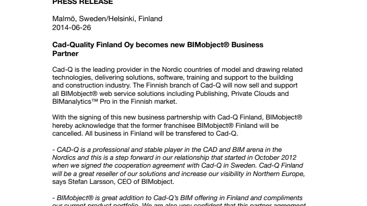 Cad-Quality Finland Oy becomes new BIMobject® Business Partner