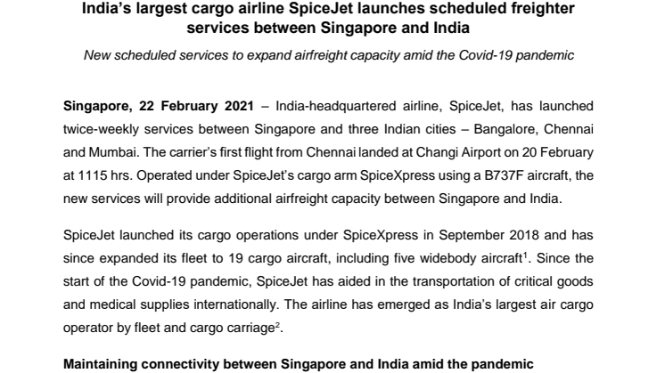 India’s largest cargo airline SpiceJet launches scheduled freighter services between Singapore and India