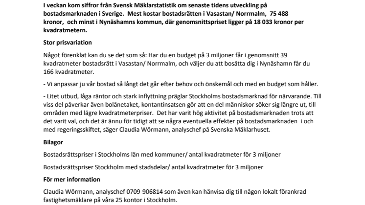 Mellan 18 033 och 75 488  kronor per kvadratmeter för en bostadsrätt i Stockholms län 