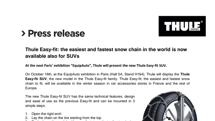 Thule Easy-fit: the easiest and fastest snow chain in the world is now available also for SUVs