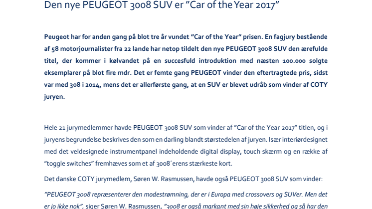 Den nye PEUGEOT 3008 SUV er ”Car of the Year 2017”