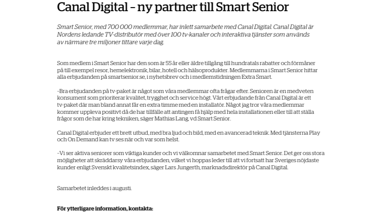 Smart Senior inleder samarbete med Canal Digital
