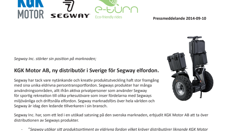 KGK Motor AB blir ny distributör i Sverige för Segway elfordon.