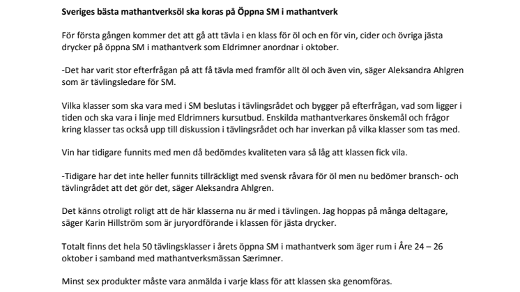​​Sveriges bästa mathantverksöl ska koras på Öppna SM i mathantverk