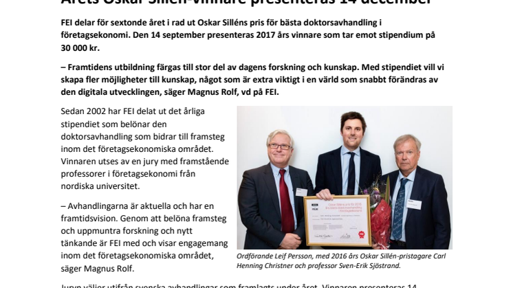 Årets Oskar Sillén-vinnare presenteras 14 december