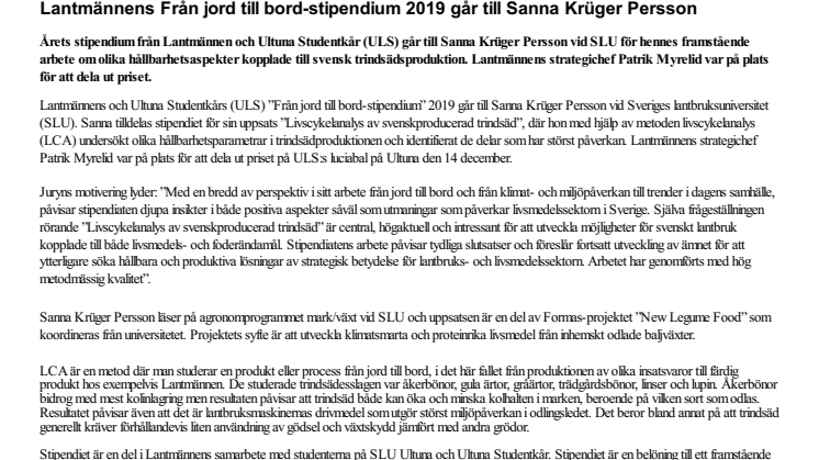 Lantmännens Från jord till bord-stipendium 2019 går till Sanna Krüger Persson