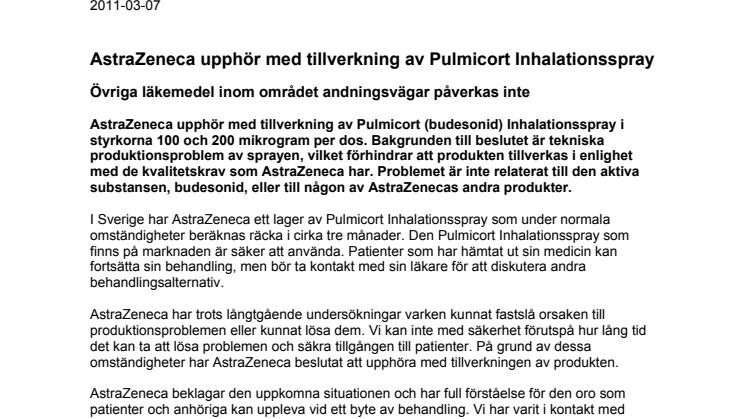 AstraZeneca upphör med tillverkning av Pulmicort Inhalationsspray