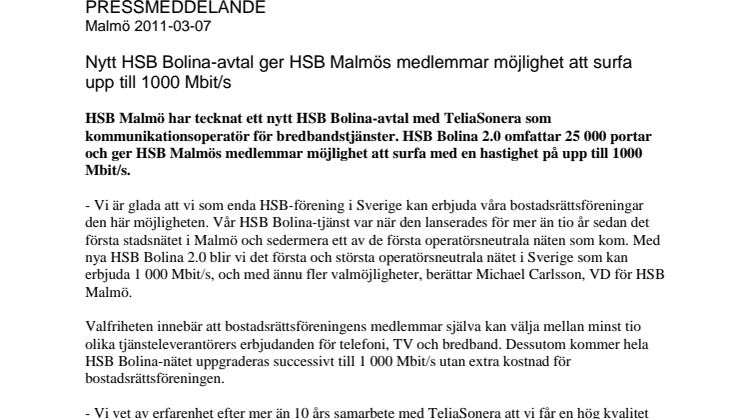 Nytt HSB Bolina-avtal ger HSB Malmös medlemmar möjlighet att surfa upp till 1000 Mbit/s 