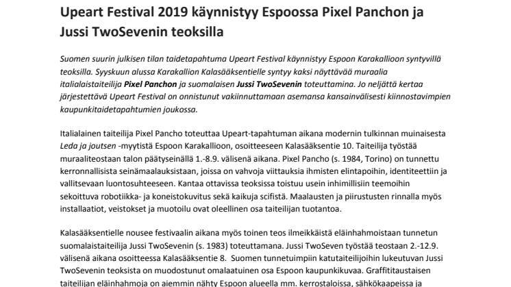 Upeart Festival 2019 käynnistyy Espoossa Pixel Panchon ja Jussi TwoSevenin teoksilla