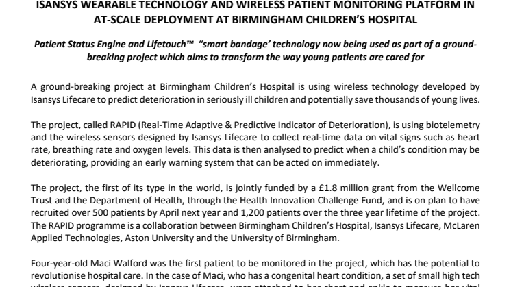 Isansys wearable technology and wireless patient monitoring platform in at-scale deployment at Birmingham Children's Hospital