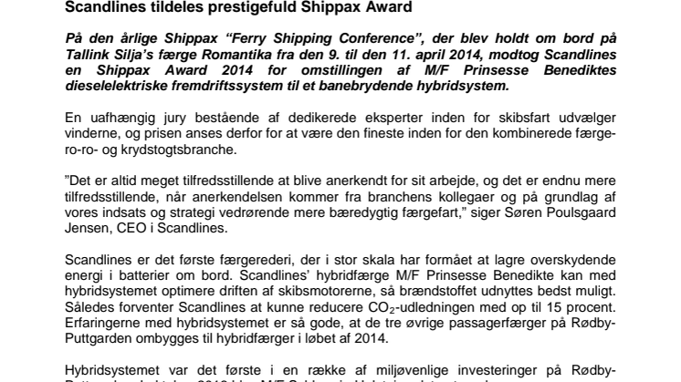 Scandlines tildeles prestigefuld Shippax Award