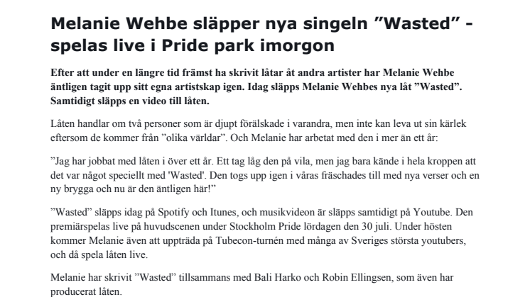 ​Melanie Wehbe släpper nya singeln ”Wasted” - spelas live i Pride Park imorgon