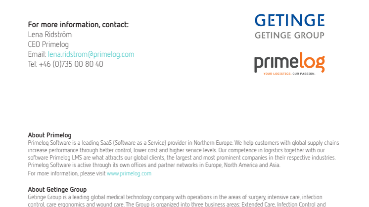 Primelog following Getinge across the Atlantic - a further step to controls in more markets