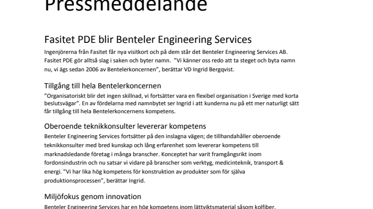 Fasitet PDE blir Benteler Engineering Services