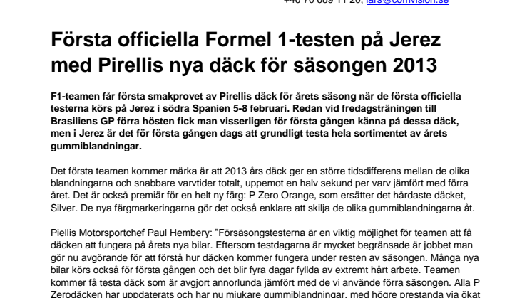 Första officiella Formel 1-testen på Jerez med Pirellis nya däck för säsongen 2013