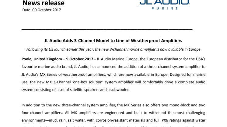 JL Audio Marine Europe: JL Audio Adds 3-Channel Model to Line of Weatherproof Amplifiers 