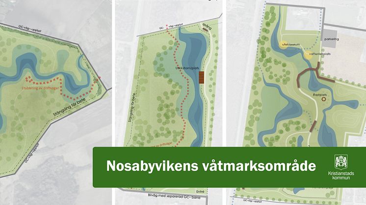 Illustration på de norra, mellersta och södra delarna av Nosabyvikens våtmarksområde