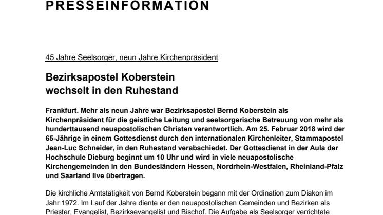 Bezirksapostel Koberstein wechselt in den Ruhestand