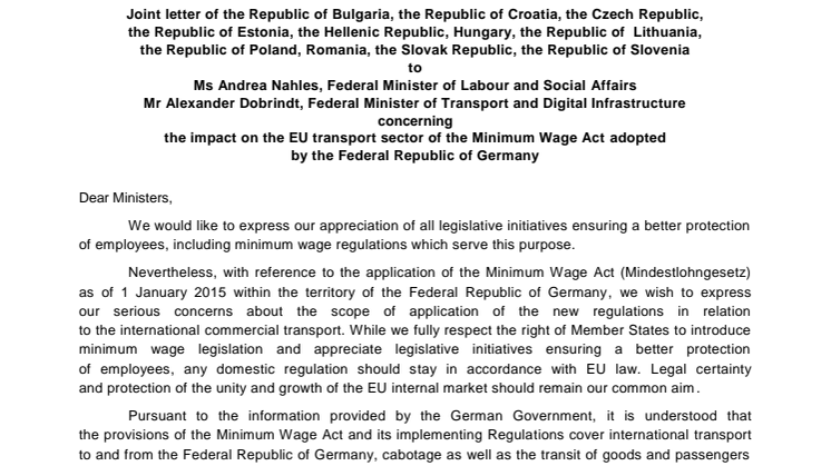Skrivelse från 11 EU-länder till tyska regeringen ang lagen om minimilön 
