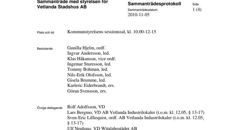 Stryrelseprotokoll Vetlanda+Stadshus+AB+2010-11-05