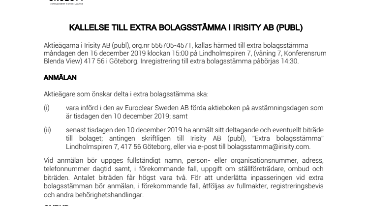 KALLELSE TILL EXTRA BOLAGSSTÄMMA I IRISITY AB (PUBL)